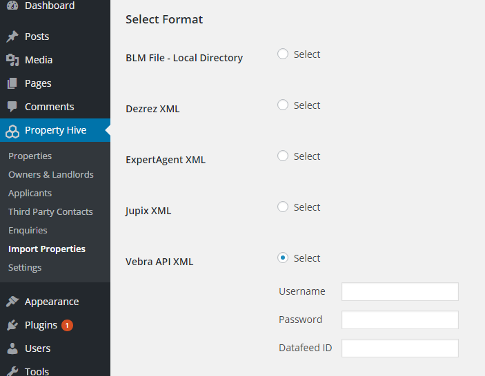 Vebra Import Options