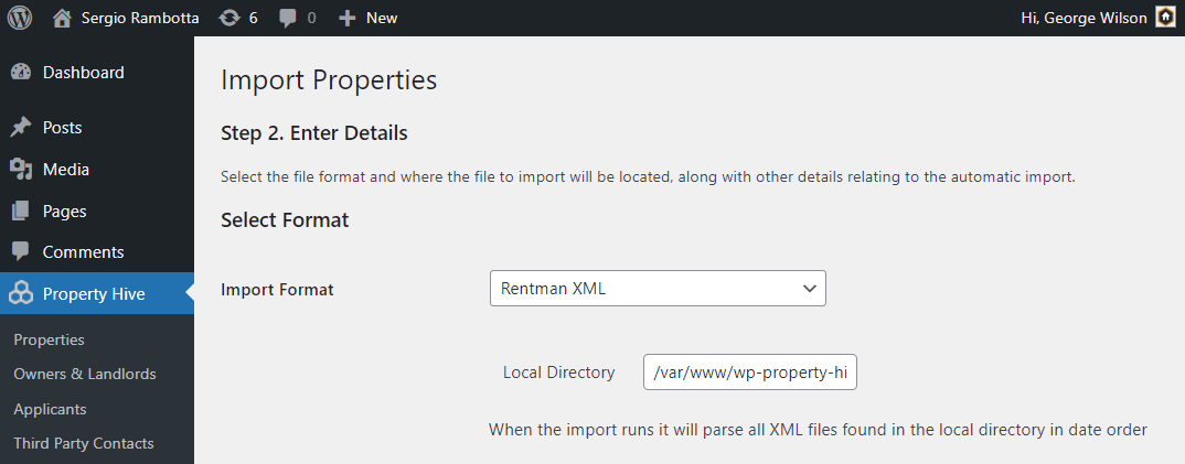 Rentman WordPress property import settings