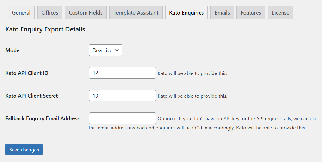 Kato Enquiry Export Settings in WordPress