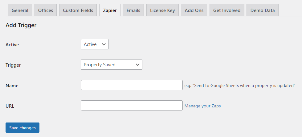 Property Hive WordPress Zapier Settings