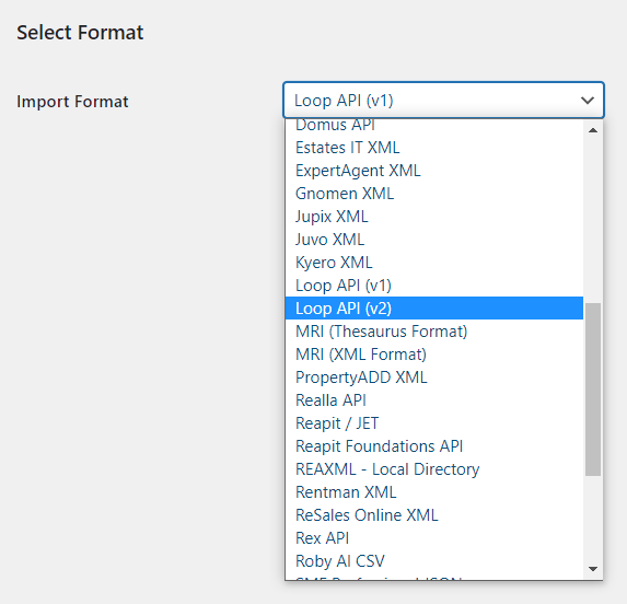 Loop Software API Property Import Format Selection