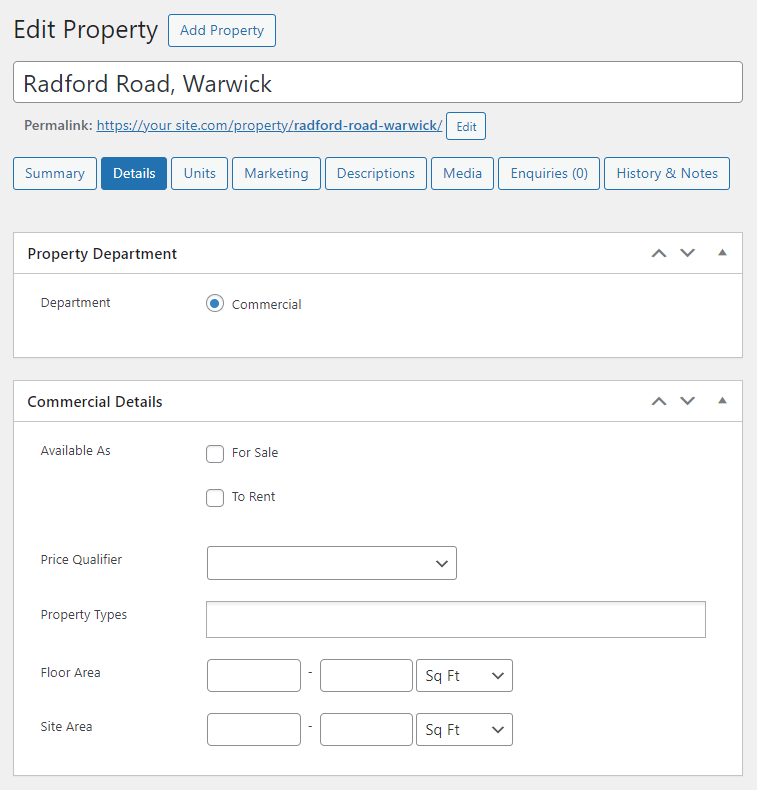 Property Hive commercial property record in WordPress