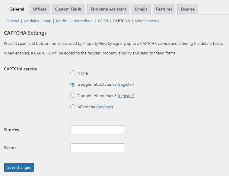 CAPTCHA settings area in Property Hive