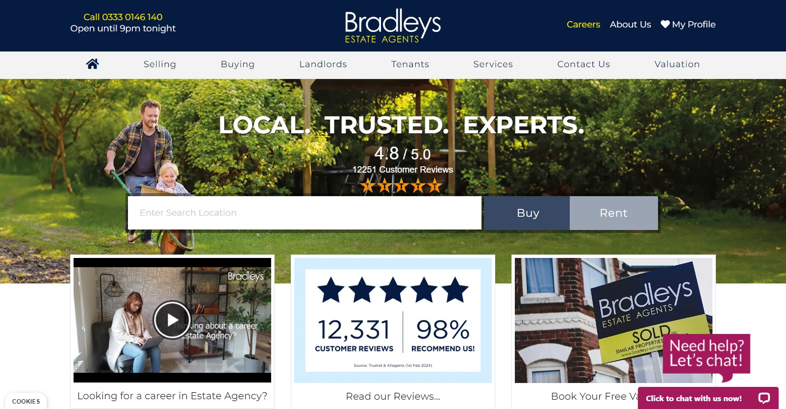 Bradleys estate agents homepage showing reviews