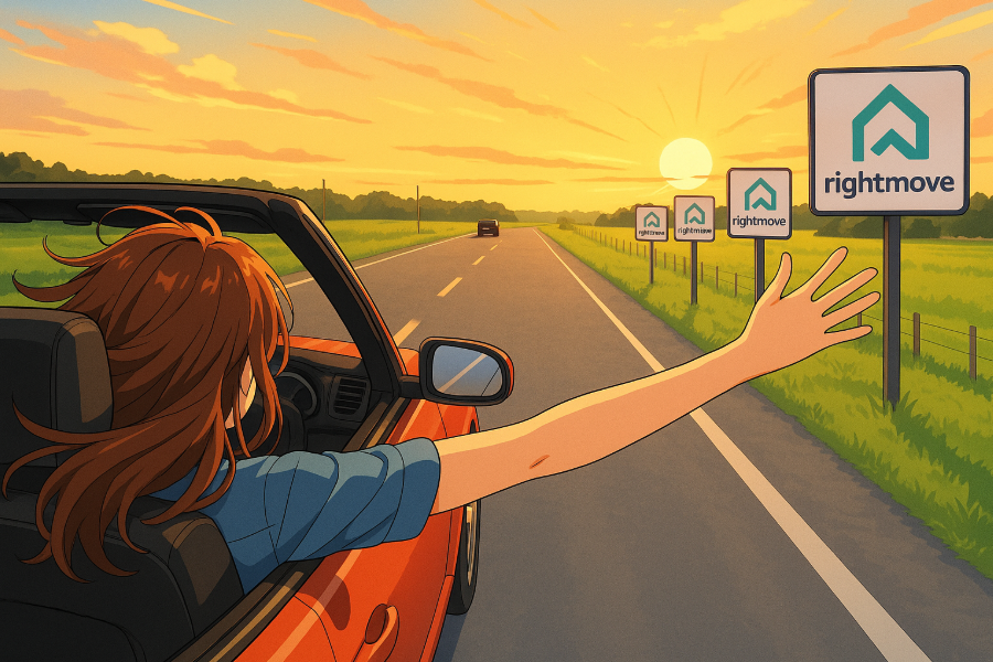 Image showing car driving down the road, with several Rightmove billboards. Person in car is waving at the billboards; appears to be a goodbye.