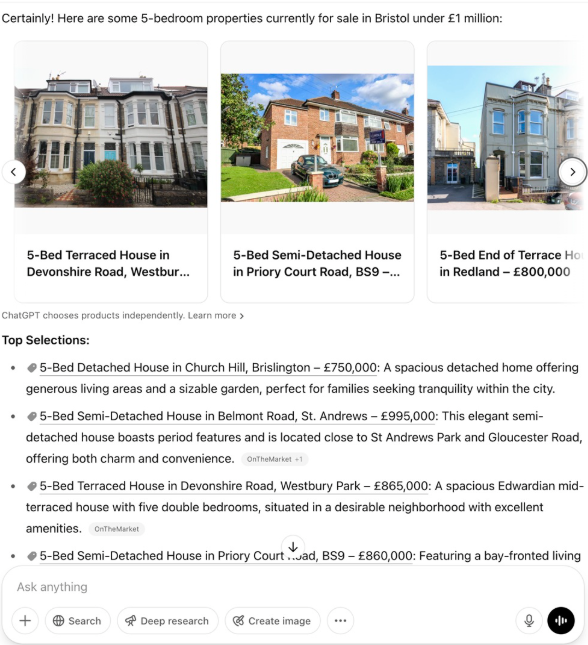 Image showing search results from Chat GPT platform. Search for 5 bedroom properties in Bristol under £1 million.