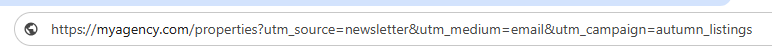 Image showing an example of a URL that contains various UTM tags.
