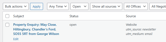 Shows lead tracking info on a property enquiry on the main enquiries list in Property Hive.