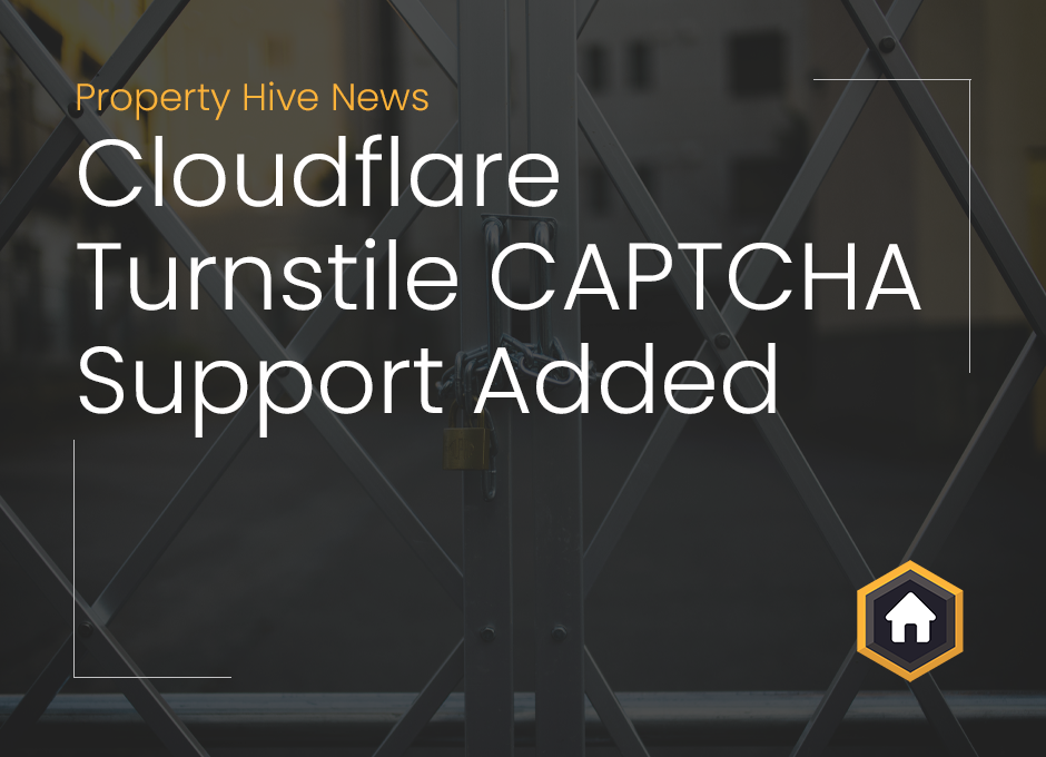 Blog title 'Cloudflare Turnstile CAPTCHA Support Added' overlaid on an image of gates with a lock and the Property Hive for WordPress logo in the corner.