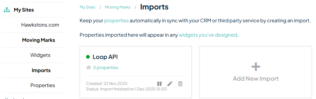 Screenshot of the Imports area in the PropEmbed account, where users manage imports used to embed property listings into a website.