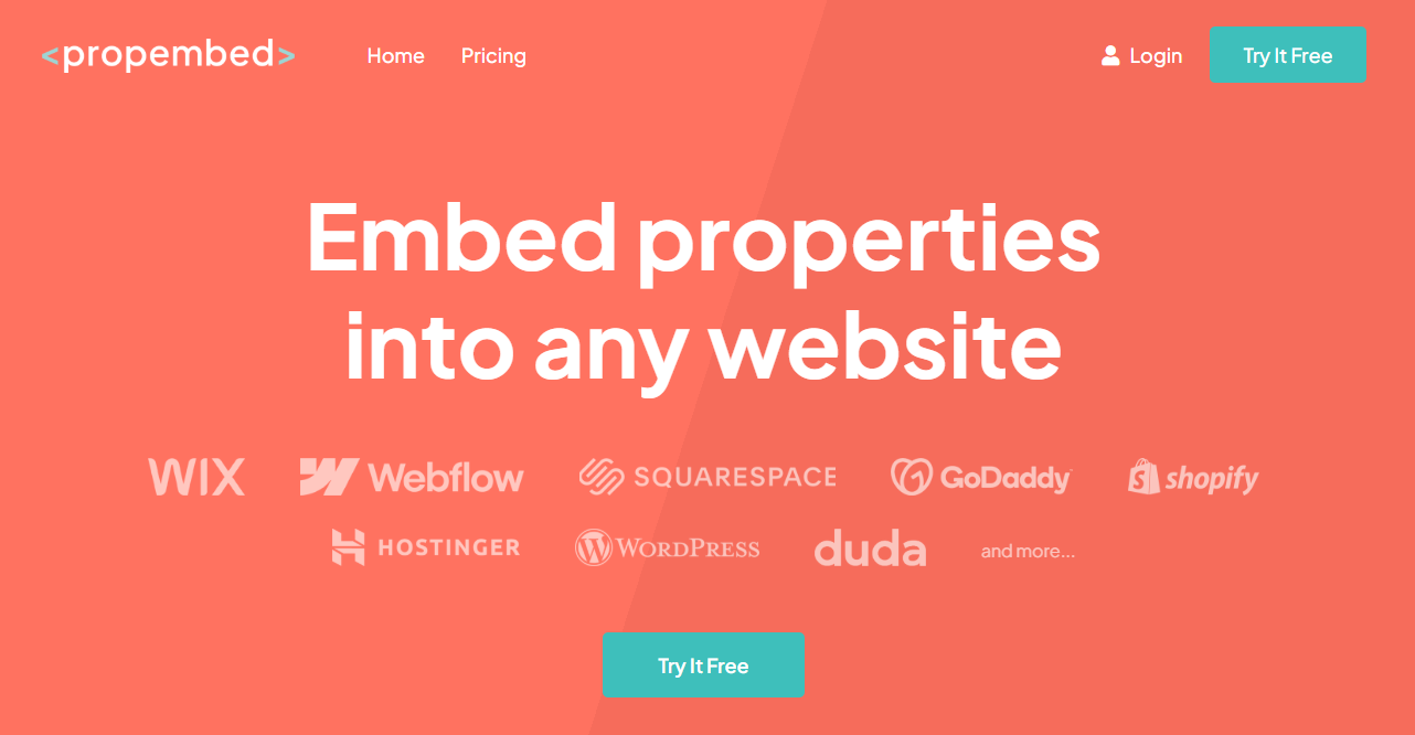 PropEmbed homepage with the tagline ‘Embed properties into any website’ and builder logos (Wix, Webflow, Duda, Squarespace), used to embed property listings into a website.