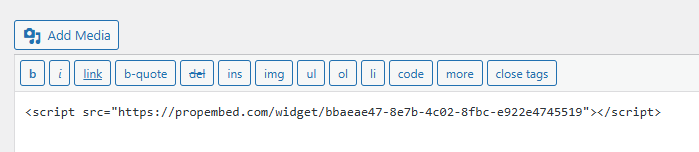 Example embed code generated after creating a widget, used to embed property listings into a website where the properties should appear.
