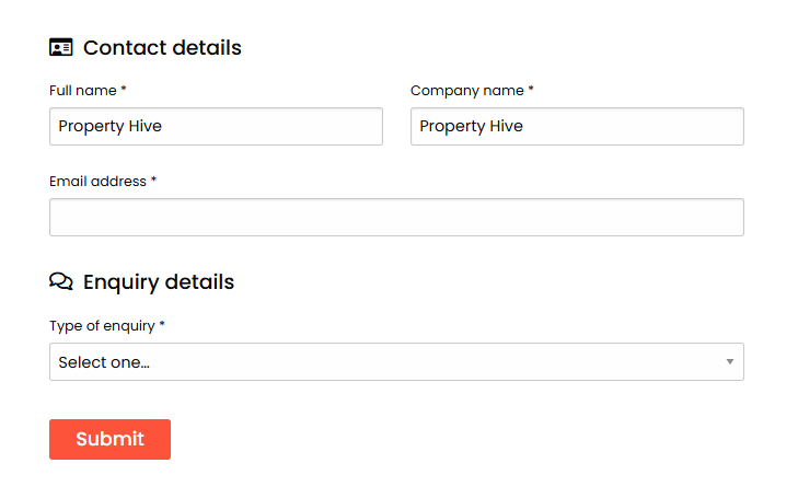 Screenshot showing the first steps of the new support form on the Property Hive 'Support page''.