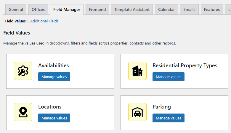 Image shows new Property Hive Field Manager settings area. See a list of the customisable 'Field Values'.