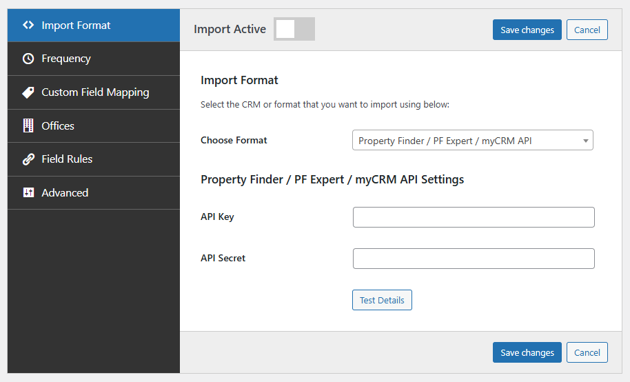 Settings area when creating a Property Finder UAE API import