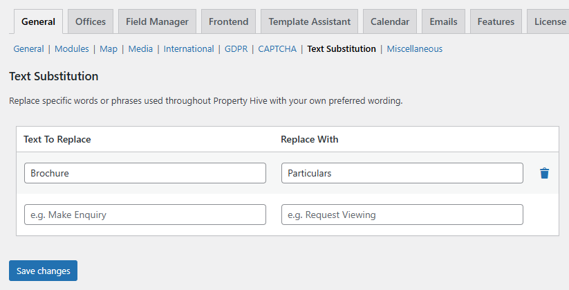 Shows image of the new Property Hive Test Substitution settings area. Image shows the text substitution option where a user would exchange words/phrases in Property Hive for their preferred option.