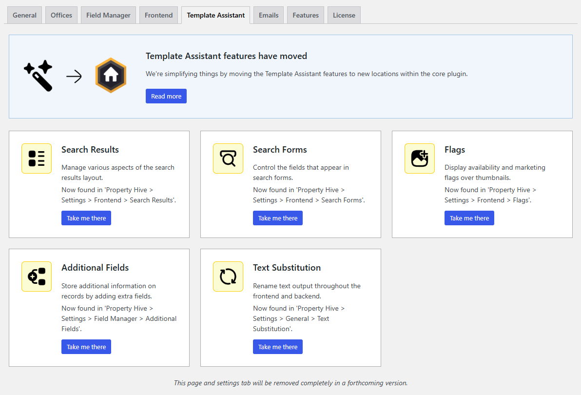Image showing temporary template assistant splash screen in the Property Hive plugin. This describes that features have been moved and links to their new locations.