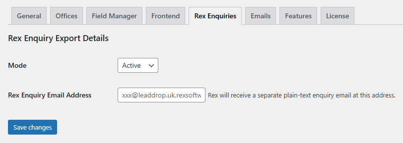 Property Hive settings area for configuring Rex enquiry exports