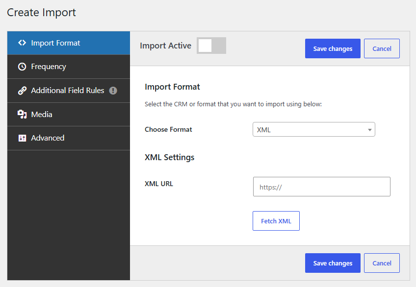 Property Hive create import screen with XML selected as the import format and section to enter XML URL.