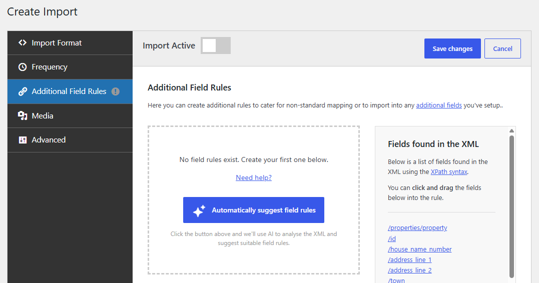 Additional Field Rules section showing automatically suggested field mappings for an XML import in Property Hive.