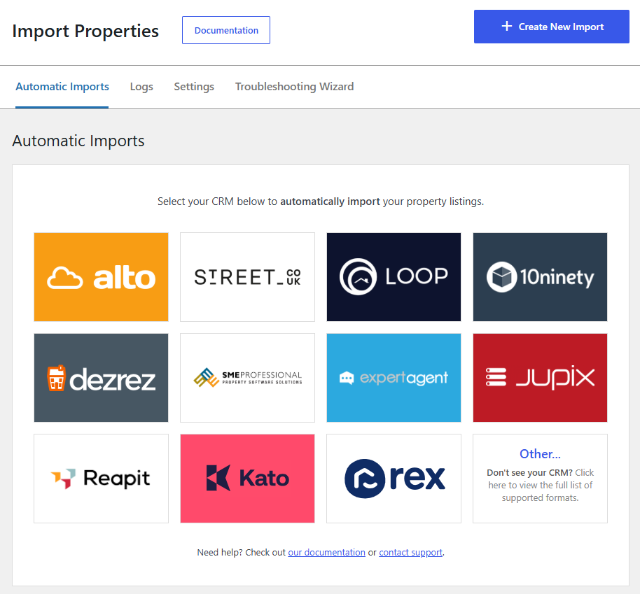 Image showing the 'Import Properties' home screen in Property Hive. This is where a user would select 'Create new import' or click the logo of their CRM if shown in the visual. Doing so would take them to the next stage of creating an import.