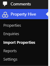 Property Hive dashboard menu showing how to access 'Import Properties'.