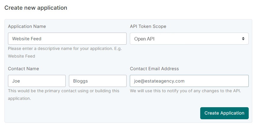 Image shows the 'Create new application' area inside the Street CRM. It displays the options a user must select when creating an API token.