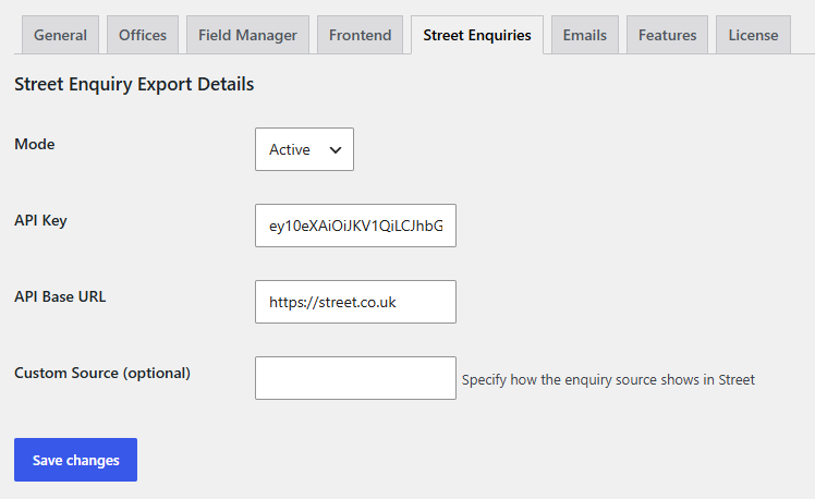 Image shows the settings area of Property Hive. It shows the available tabs to select at the top and 'Street Enquiries' has been selected. Beneath are the details a user would enter to configure an export enquiry setup.