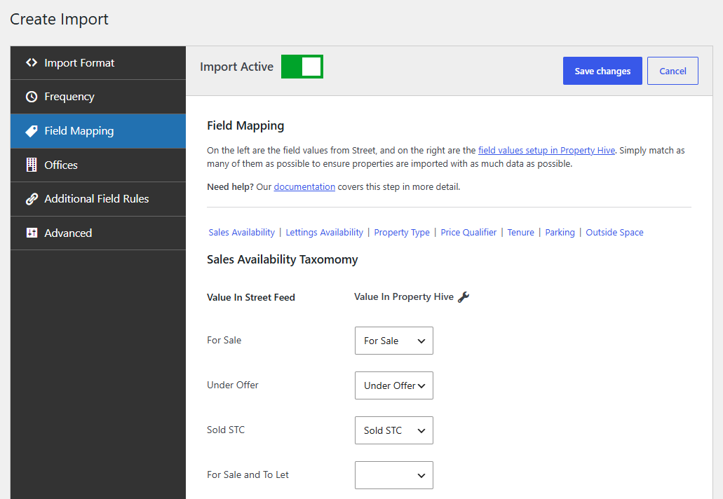 This image displays the options shown when the 'Field Mapping' tab is selected on the 'Create Import' section of Property Hive. Here a list of field mapping options are displayed for the user to match as many field values as possible.