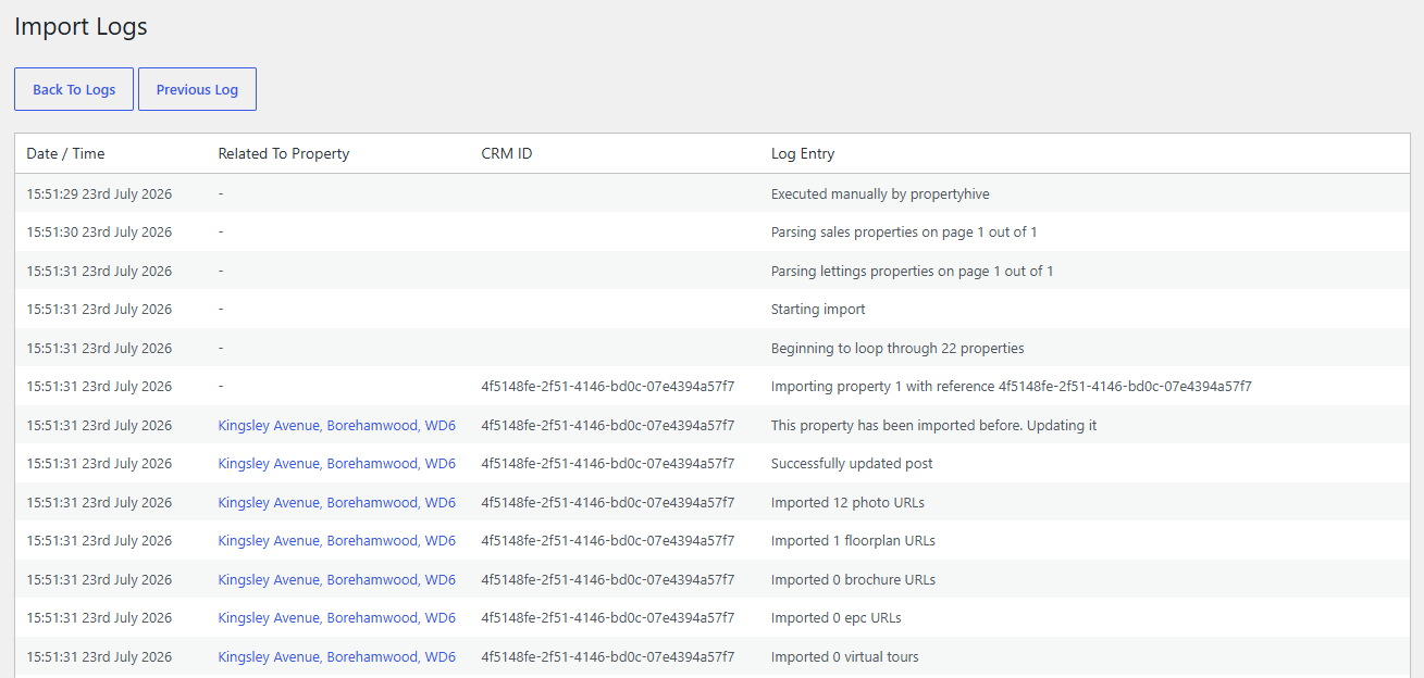 Image shows 'Import Logs' screen in Property Hive. On this page there are line by line items with columns for date/time, property, CRM ID and log entry. The log entry shows anything relevant to that import - how many properties updated, whether something went wrong etc.