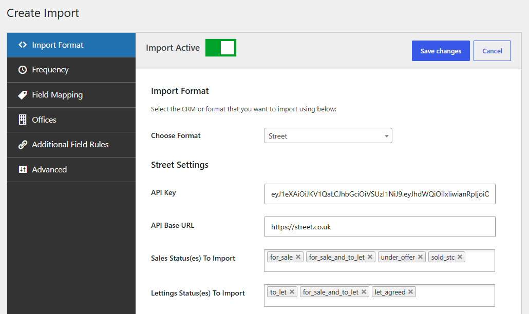 Image showing the 'Create Import' screen in Property Hive. This is where a user would input their Street API details in order to create a property import from Street to Property Hive.