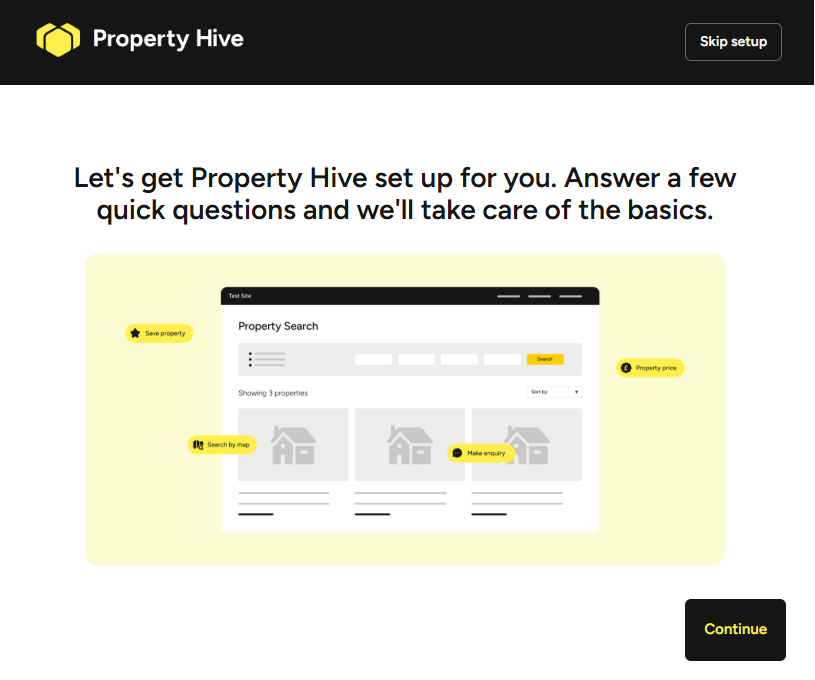 Property Hive onboarding wizard welcome screen with the option to start the setup process
