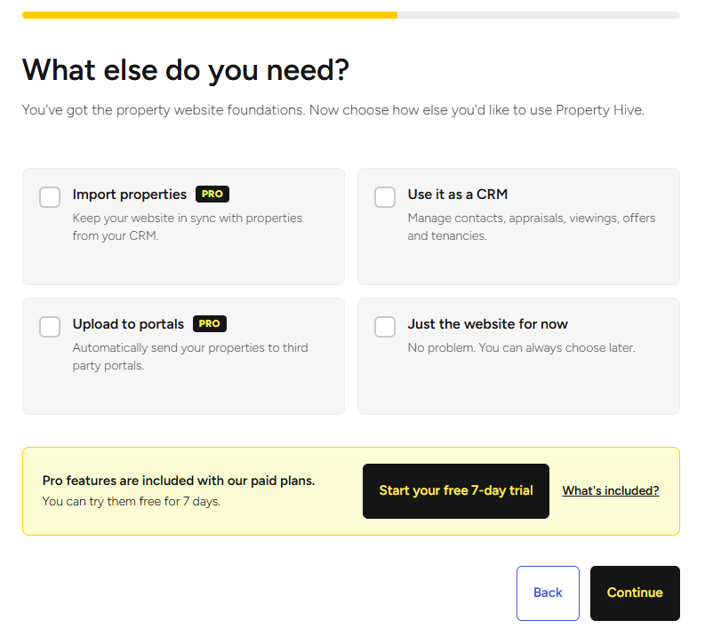 Property Hive setup wizard showing options for CRM imports, property management and portal uploads
