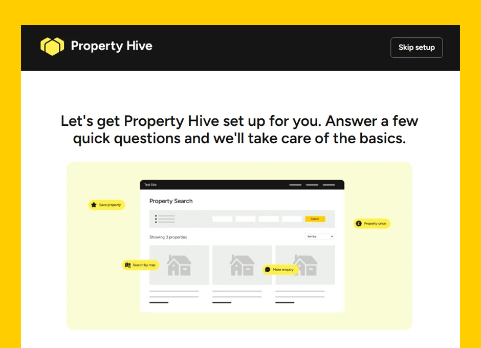 Property Hive onboarding wizard welcome screen, introducing the guided setup process for new users.