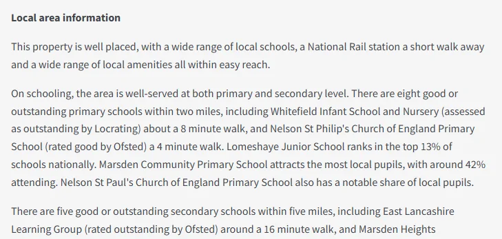 Property Hive property listing displaying Locrating's generated local area information about nearby schools and amenities.