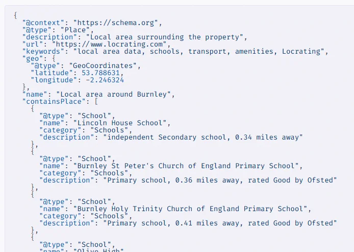 Example of JSON-LD structured data from Locrating identifying nearby schools, transport links and local amenities.
