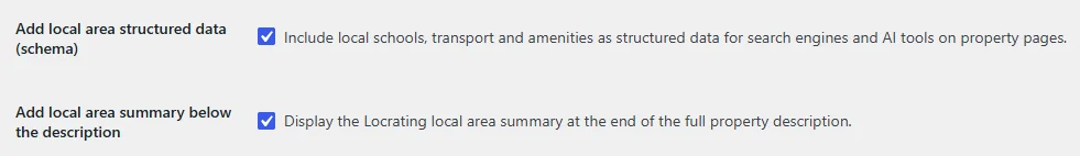 Property Hive Locrating add on settings showing options for displaying local area content and structured data.