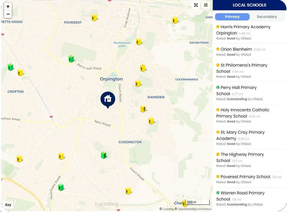 Interactive Locrating map showing nearby schools and Ofsted ratings on a Property Hive property listing.